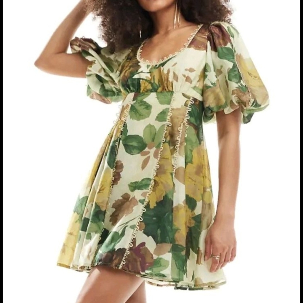 ASOS Floral Puff-Sleeve Mini Dress in Green and Yellow